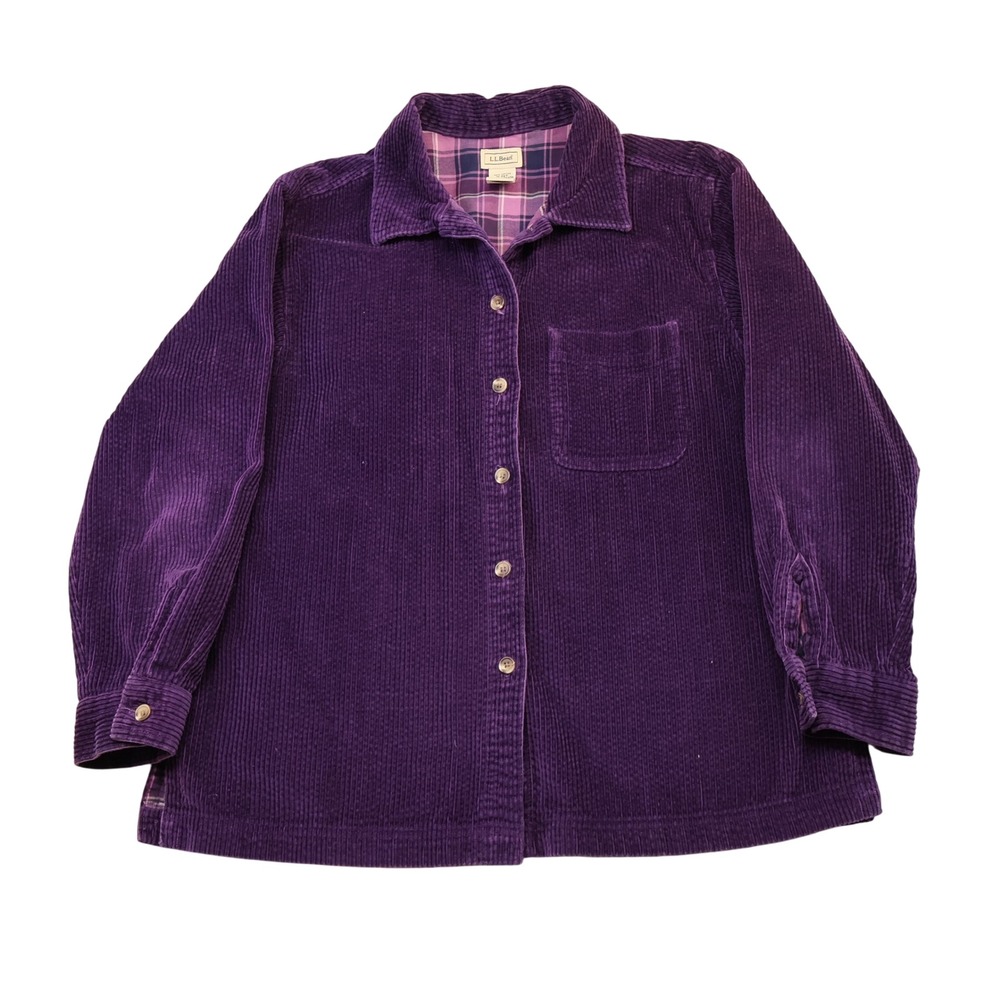 L.L. Bean Womens M Petite Corduroy Shirt Purple Plaid Lined Button Up 279408